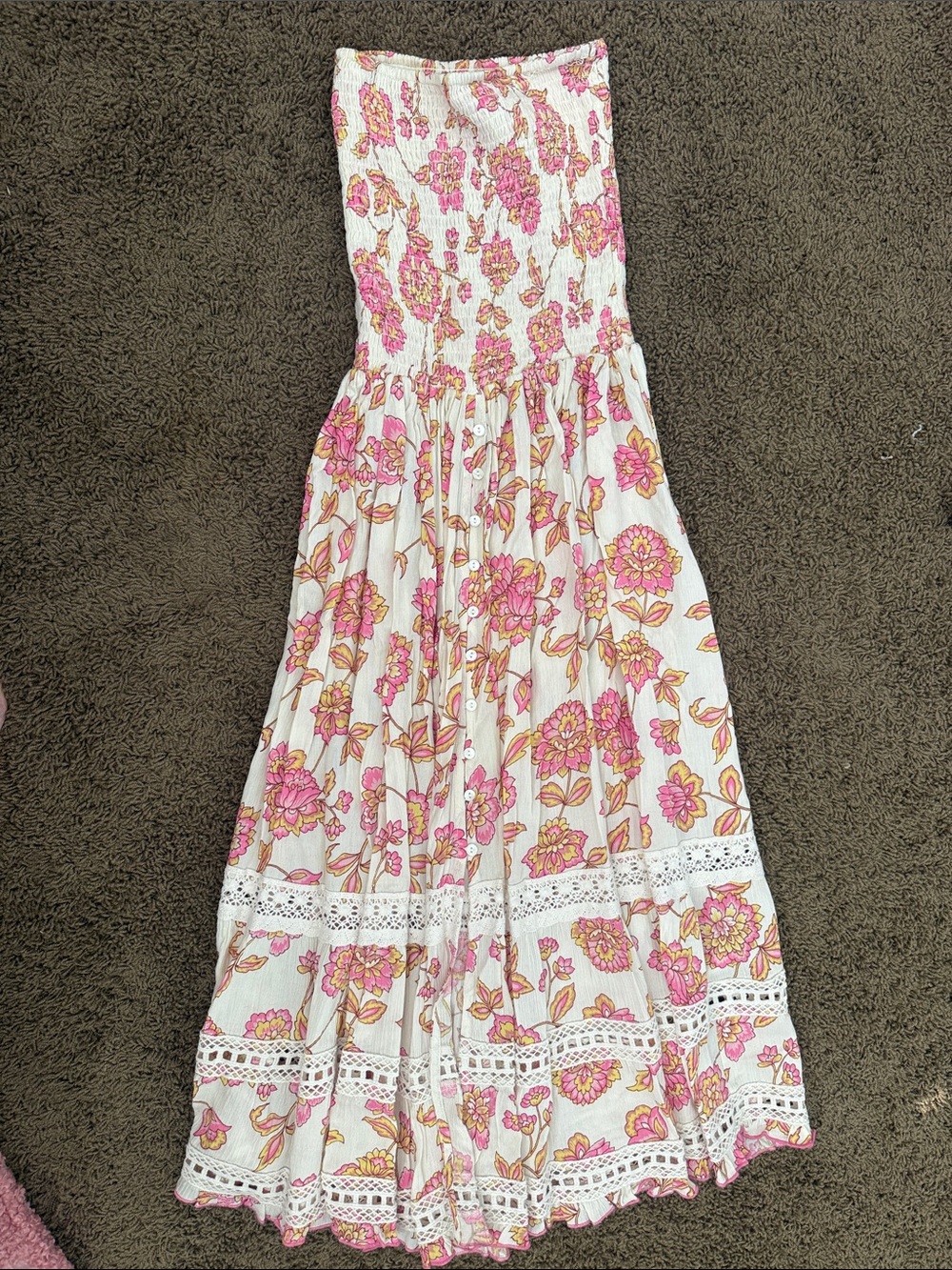 White Floral Smocked Maxi Dress with Pink & Gold Print